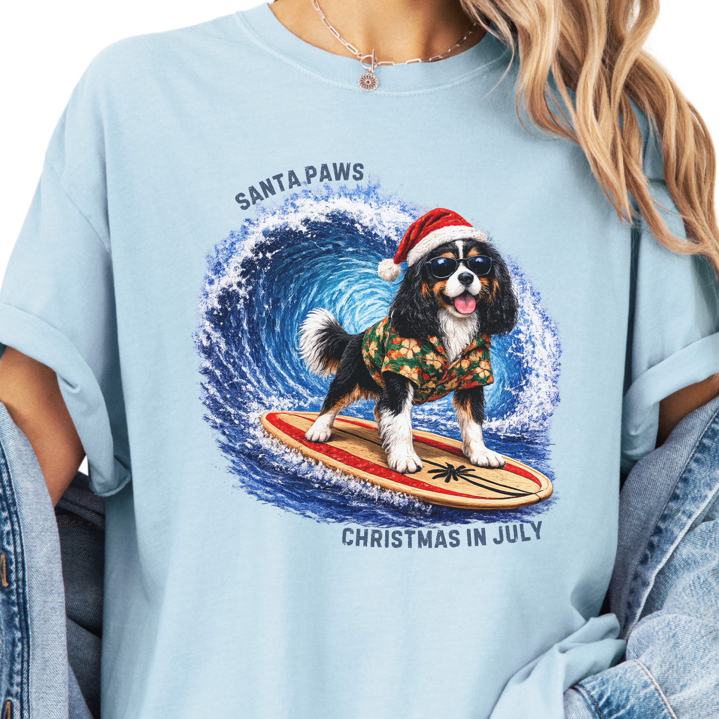 Christmas in July Gift for Tricolor Cavalier Lovers, Santa Paws Beach Shirt