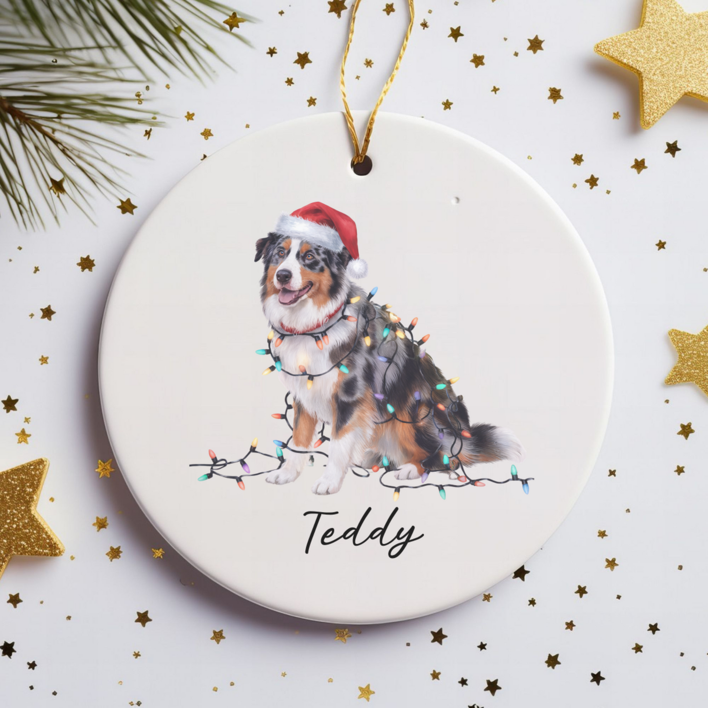 Personalized Australian Shepherd Christmas Ornament, Ceramic Dog Decor, Holiday Lights