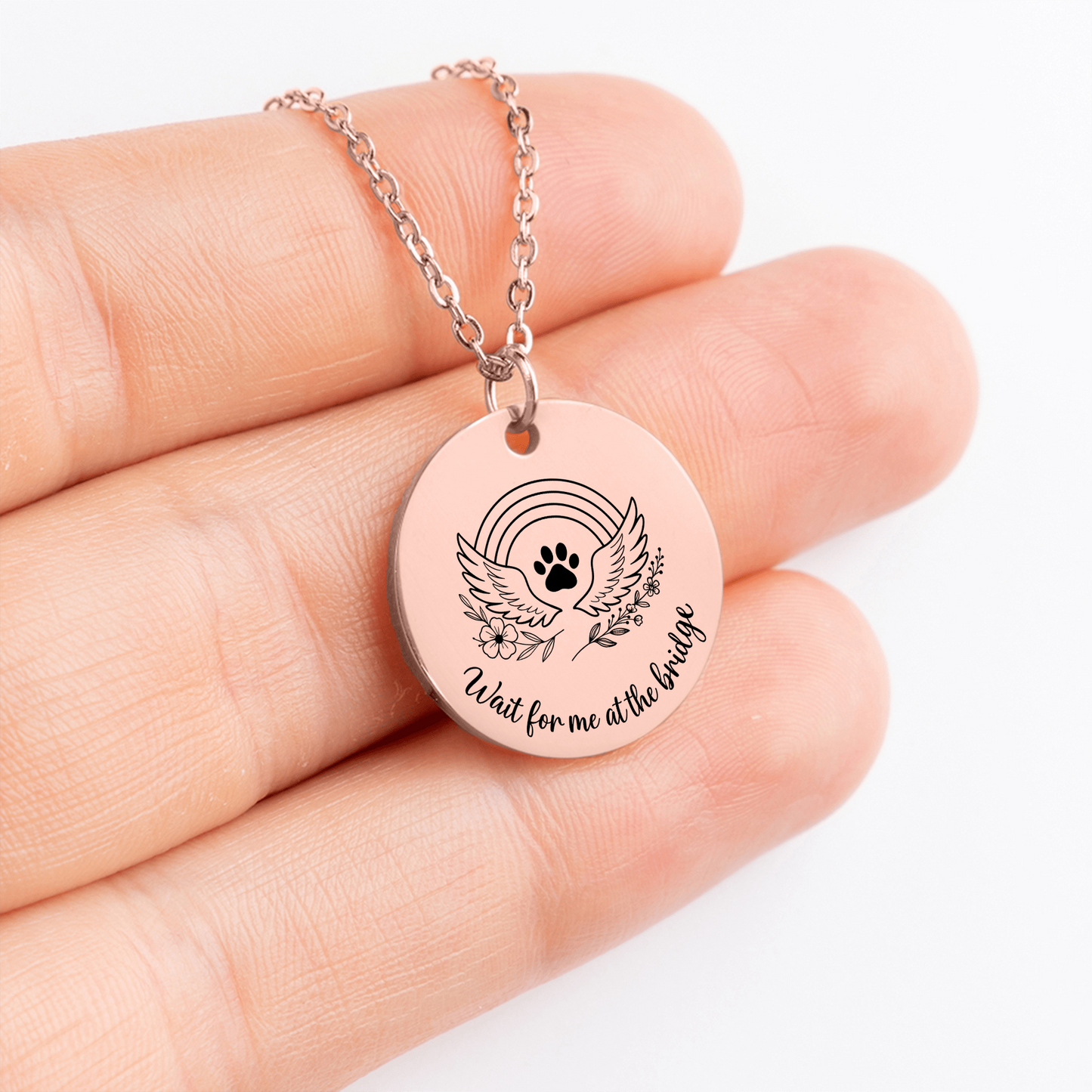 Personalized Pet Memorial Necklace Rainbow Bridge Paw Print Charm, Custom Engraving, Stainless Steel, Gold, or Rose Gold