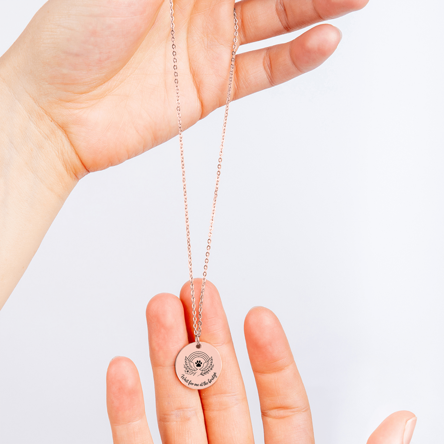 Personalized Pet Memorial Necklace Rainbow Bridge Paw Print Charm, Custom Engraving, Stainless Steel, Gold, or Rose Gold