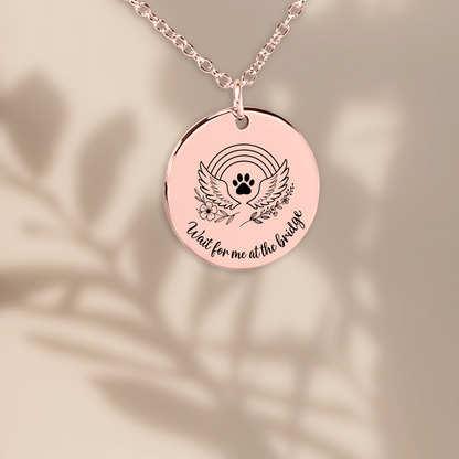 Personalized Pet Memorial Necklace Rainbow Bridge Paw Print Charm, Custom Engraving, Stainless Steel, Gold, or Rose Gold