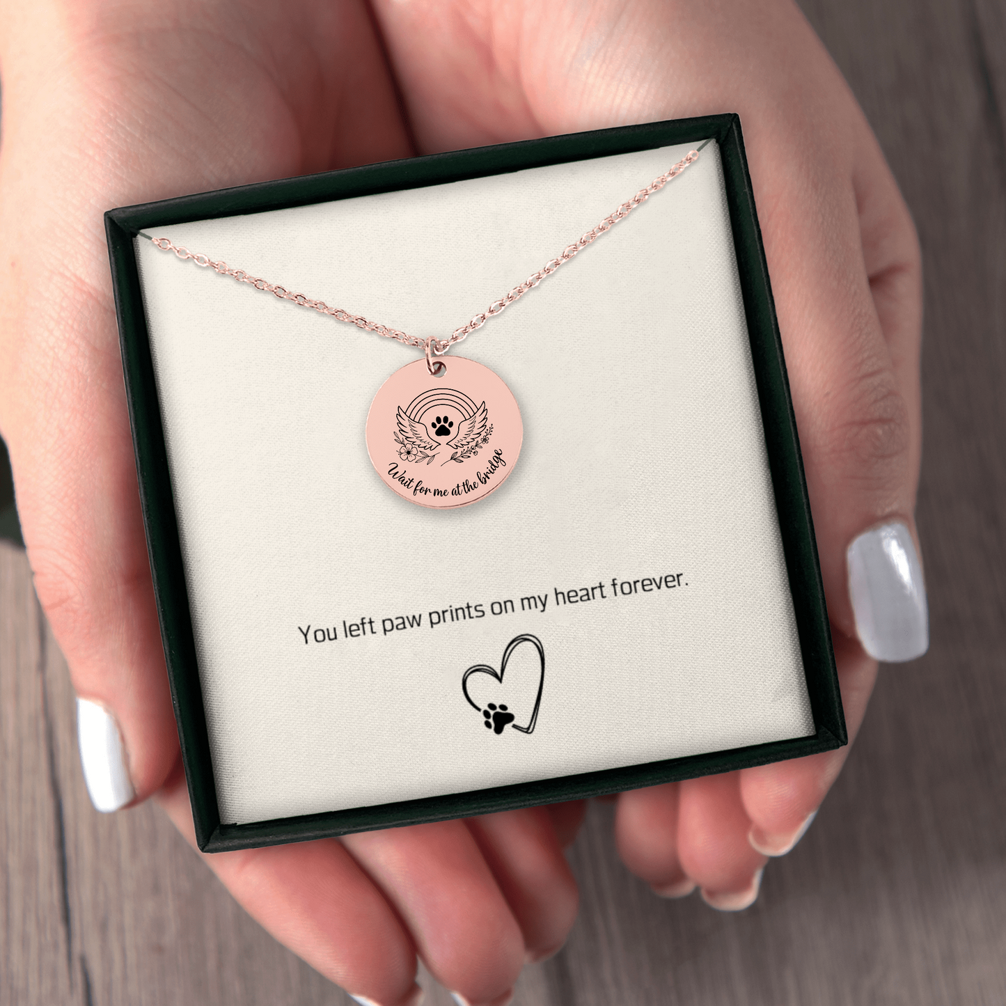 Personalized Pet Memorial Necklace Rainbow Bridge Paw Print Charm, Custom Engraving, Stainless Steel, Gold, or Rose Gold