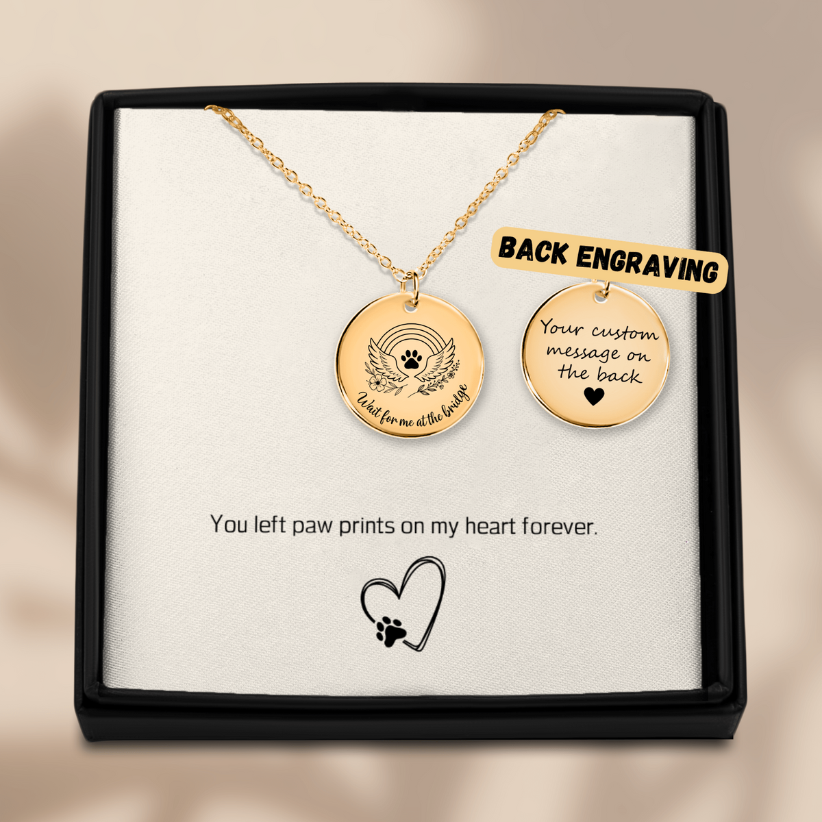 Personalized Pet Memorial Necklace Rainbow Bridge Paw Print Charm, Custom Engraving, Stainless Steel, Gold, or Rose Gold