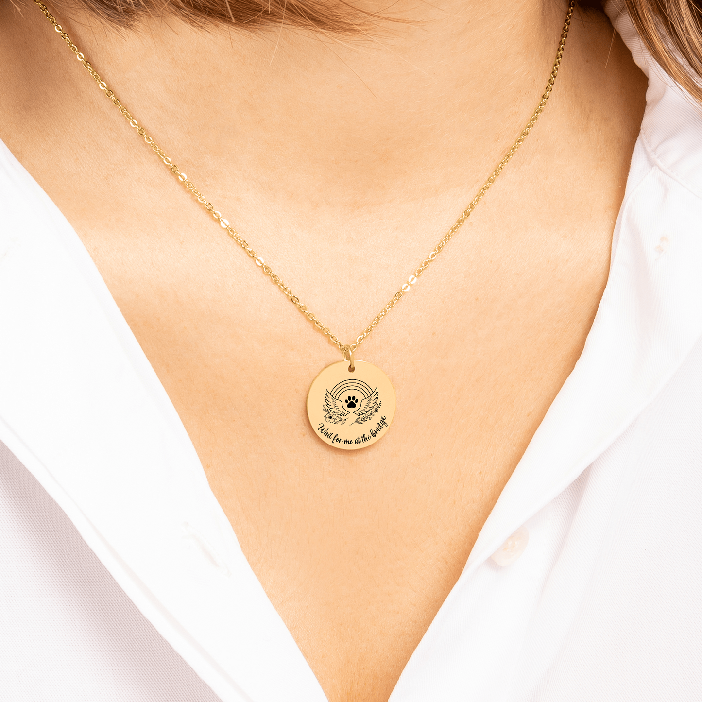 Personalized Pet Memorial Necklace Rainbow Bridge Paw Print Charm, Custom Engraving, Stainless Steel, Gold, or Rose Gold