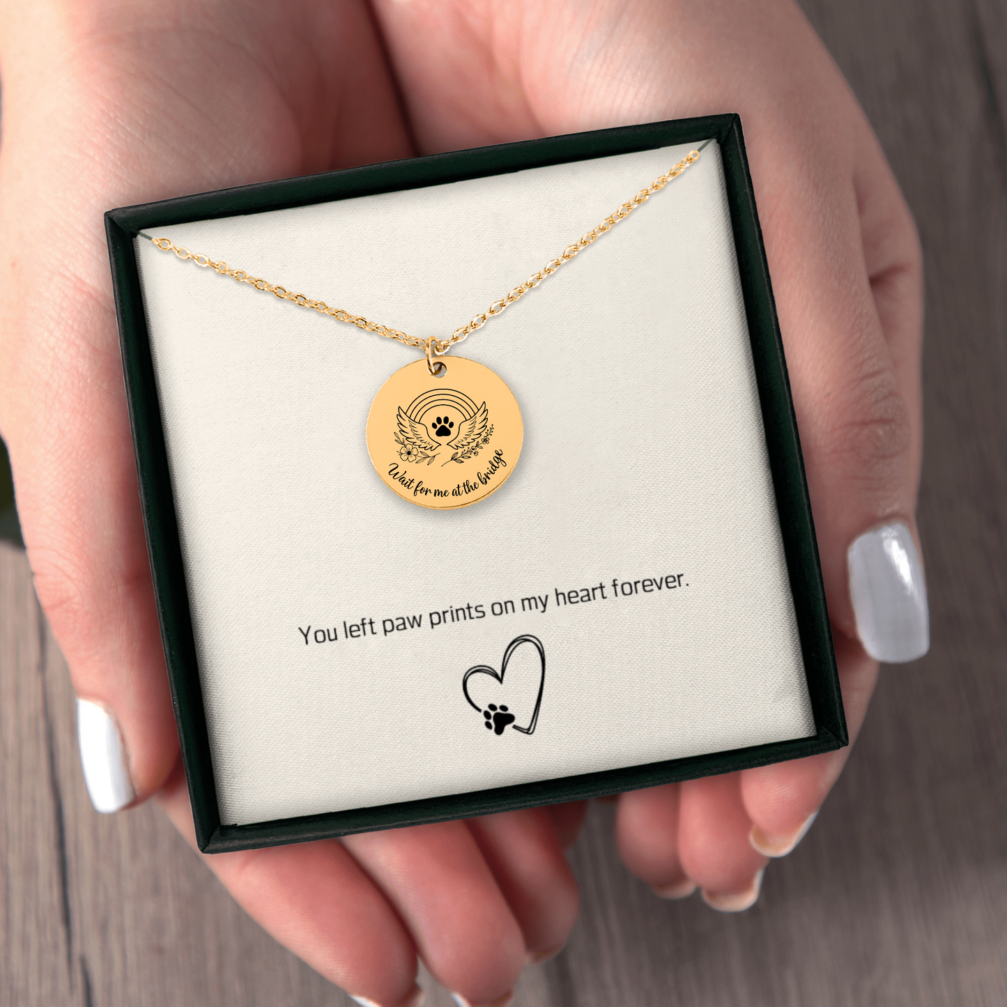 Personalized Pet Memorial Necklace Rainbow Bridge Paw Print Charm, Custom Engraving, Stainless Steel, Gold, or Rose Gold