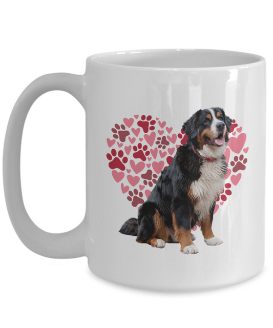 Bernese Mountain Dog Love Mug, Heart & Paw Print Design, Perfect Gift for Dog Lovers, Bernese Owners, Pet Enthusiasts