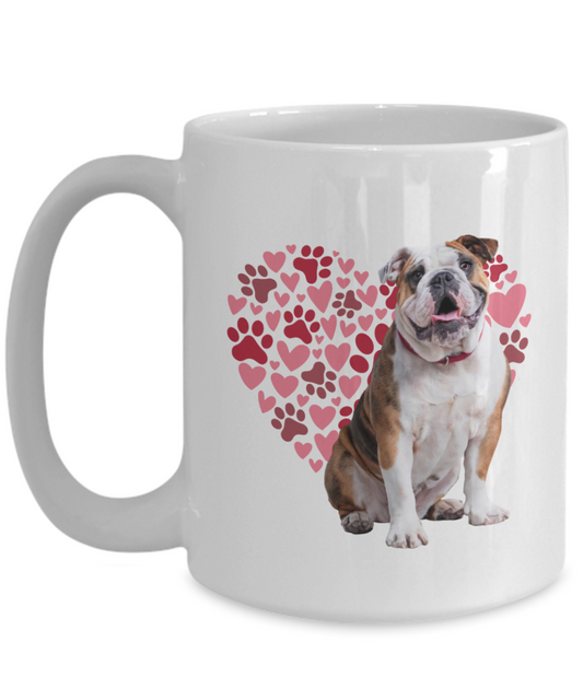 Bulldog Love Mug, Heart & Paw Print Design, Perfect Gift for Dog Lovers, Bulldog Owners, Pet Enthusiasts