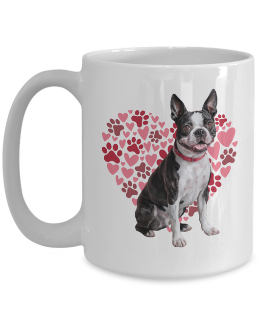 Boston Terrier Love Mug, Heart & Paw Print Design, Perfect Gift for Dog Lovers, Boston Terrier Owners, Pet Enthusiasts