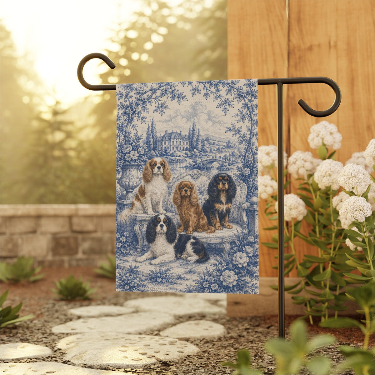Cavalier Garden Flag, King Charles Spaniel Yard Decor, French Blue Toile Dog Gift