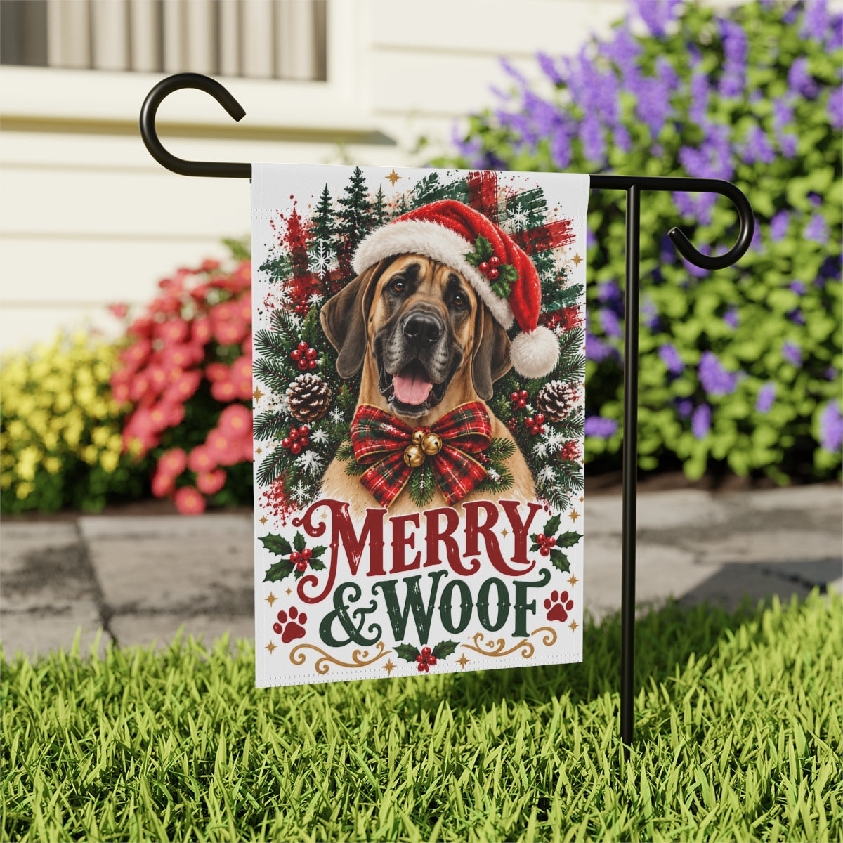 Fawn Great Dane Christmas Garden Flag, Merry & Woof Holiday Yard Decor