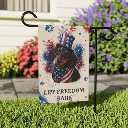 Patriotic Black and Tan Dachshund Garden Flag, Let Freedom Bark