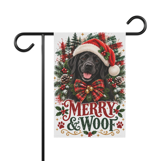 Black Labrador Retriever Christmas Garden Flag, Merry & Woof Holiday Yard Decor