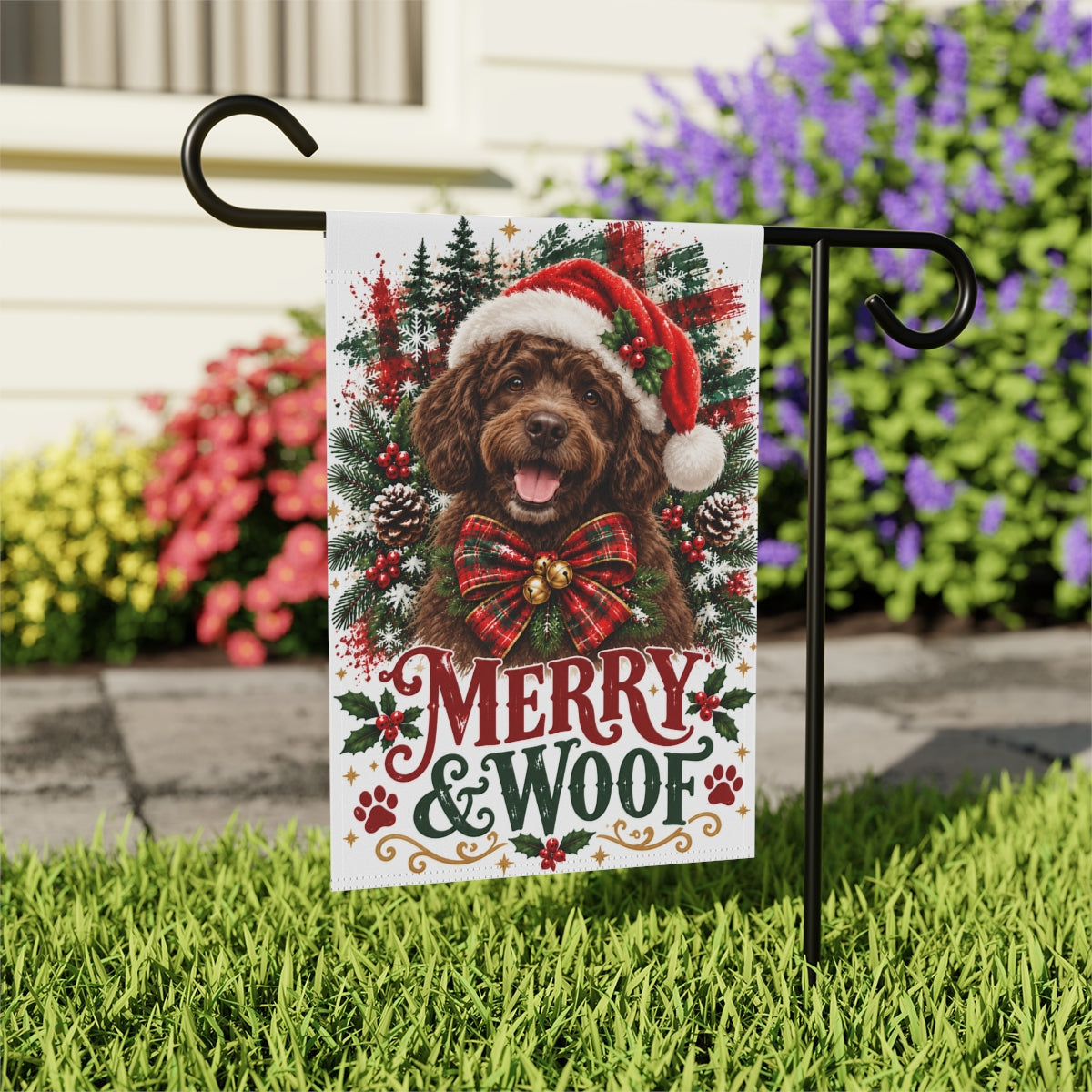 Brown Portuguese Water Dog Christmas Garden Flag, Merry & Woof Holiday Yard Decor