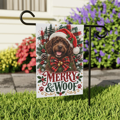 Brown Portuguese Water Dog Christmas Garden Flag, Merry & Woof Holiday Yard Decor
