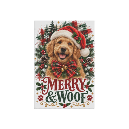 Labradoodle Christmas Garden Flag, Merry & Woof Holiday Dog Yard Decor
