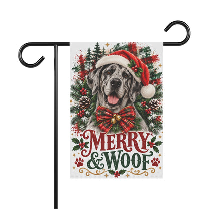 Merle Great Dane Christmas Garden Flag, Merry & Woof Holiday Yard Decor