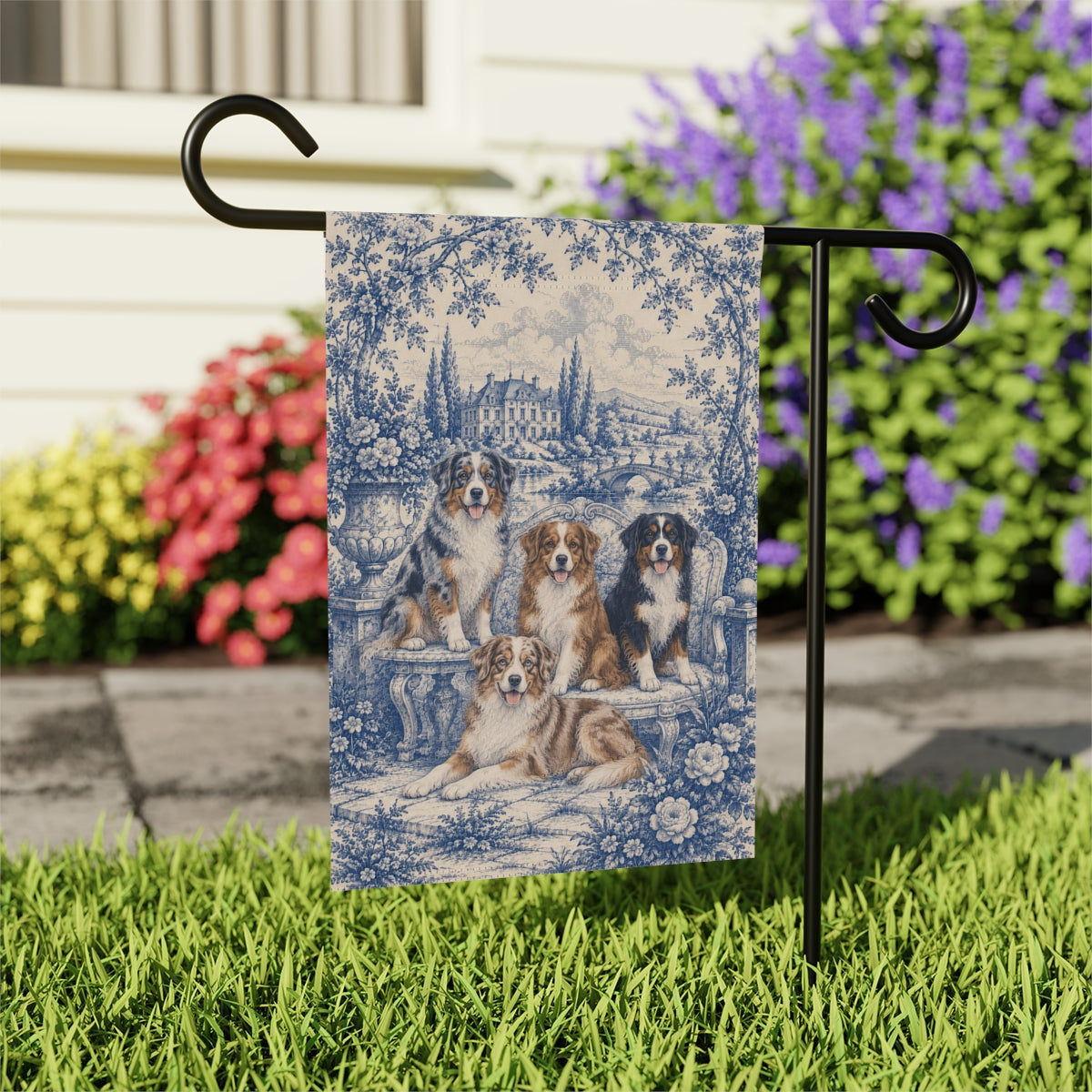 Australian Shepherd Garden Flag, Blue Toile Aussie Yard Decor, Dog Mom Gift