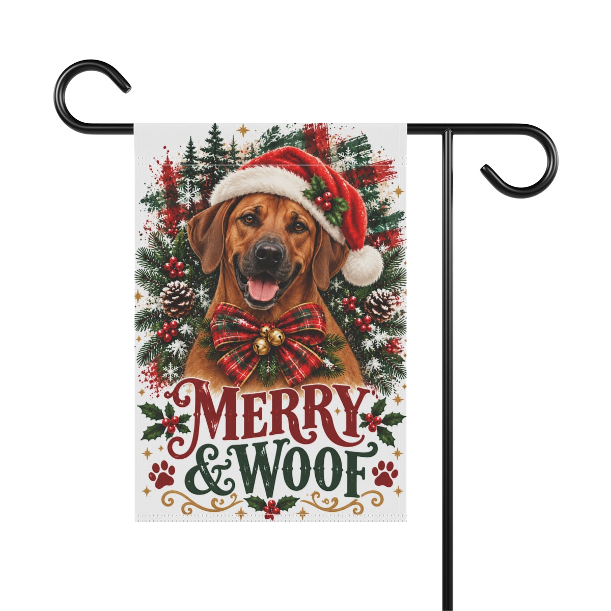 Rhodesian Ridgeback Christmas Garden Flag, Merry & Woof Holiday Yard Decor