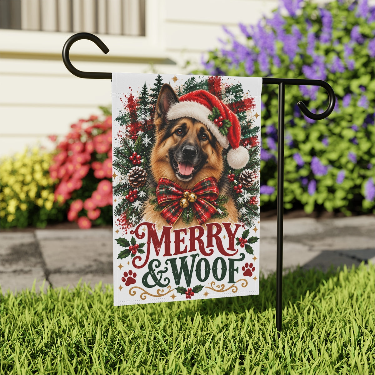 German Shepherd Christmas Garden Flag, Merry & Woof Holiday Dog Yard Decor