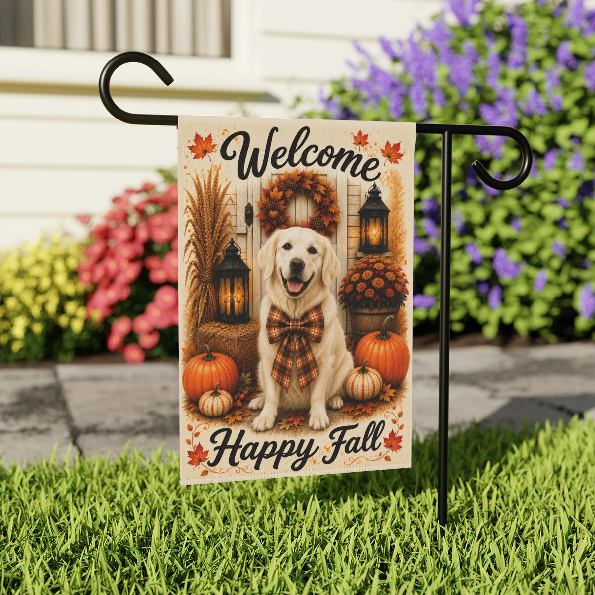 English Cream Golden Retriever Welcome Fall Garden Flag, Autumn Dog Porch Decor, Golden Gift