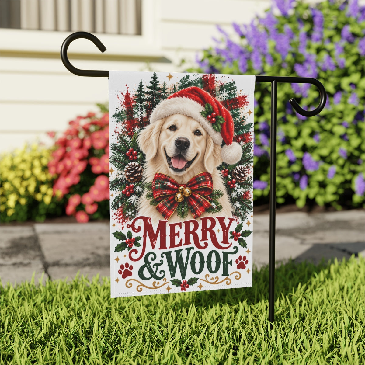English Cream Golden Retriever Christmas Garden Flag, Merry & Woof Holiday Yard Decor