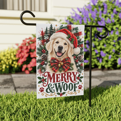 English Cream Golden Retriever Christmas Garden Flag, Merry & Woof Holiday Yard Decor