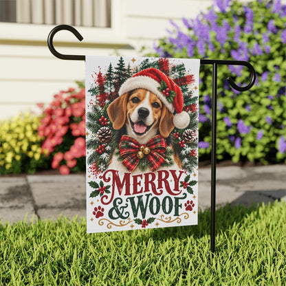 Beagle Christmas Garden Flag, Merry & Woof Holiday Dog Yard Decor