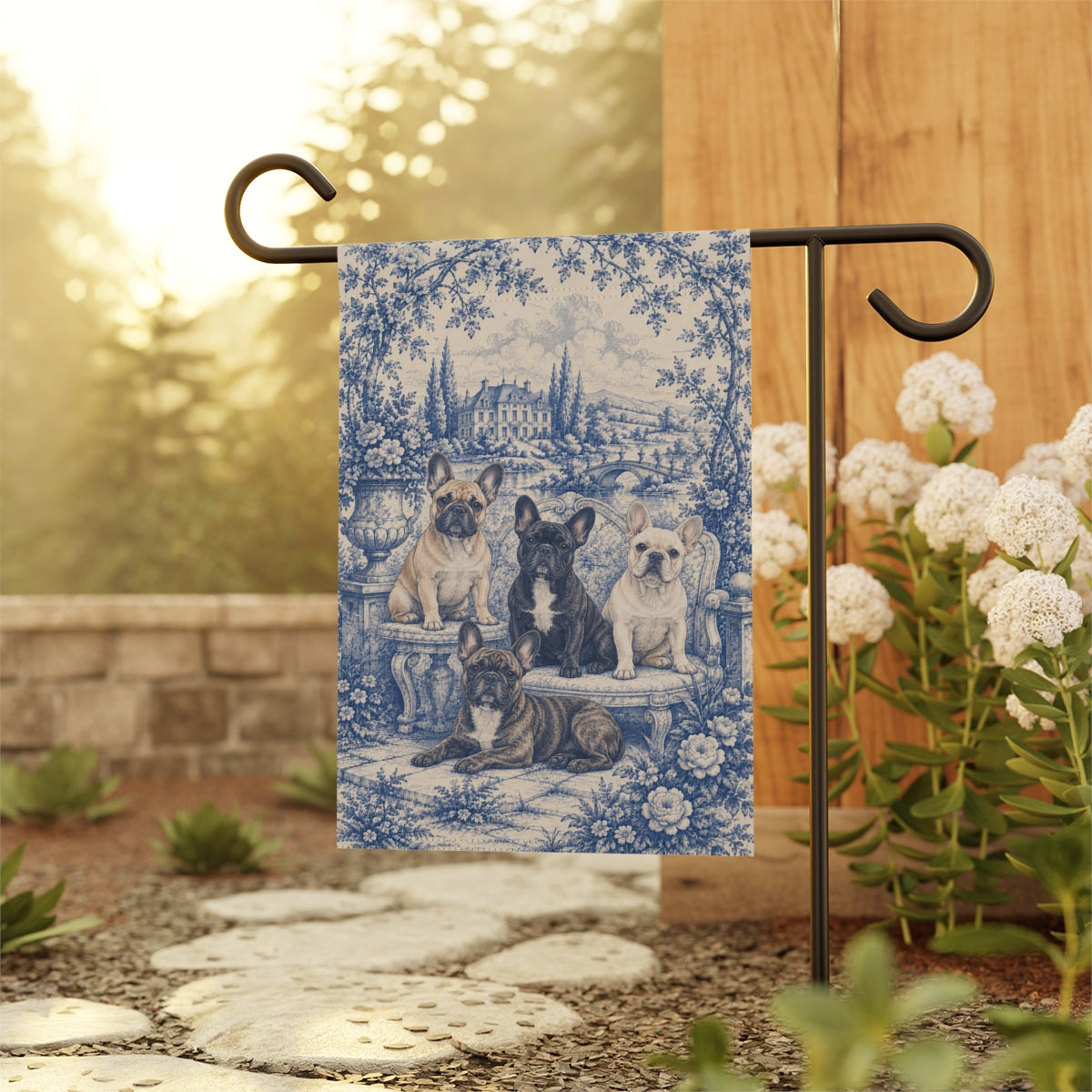French Bulldog Garden Flag, Blue Toile Frenchie Yard Decor, Frenchie Mom Gift, Garden Banner