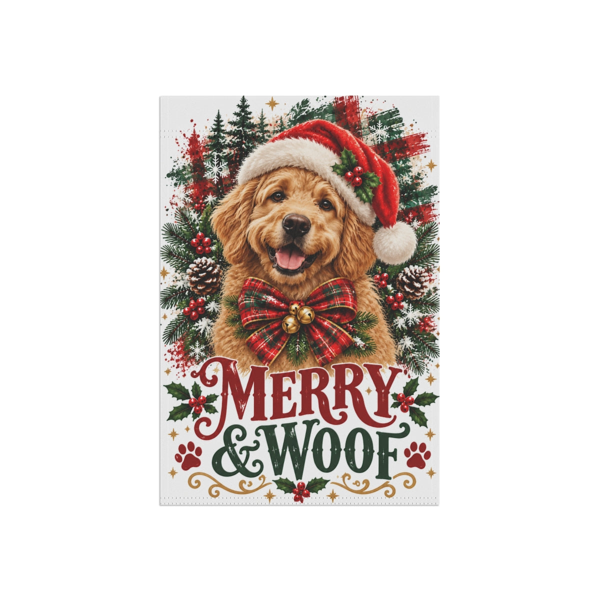 Goldendoodle Christmas Garden Flag, Merry & Woof Holiday Dog Yard Decor