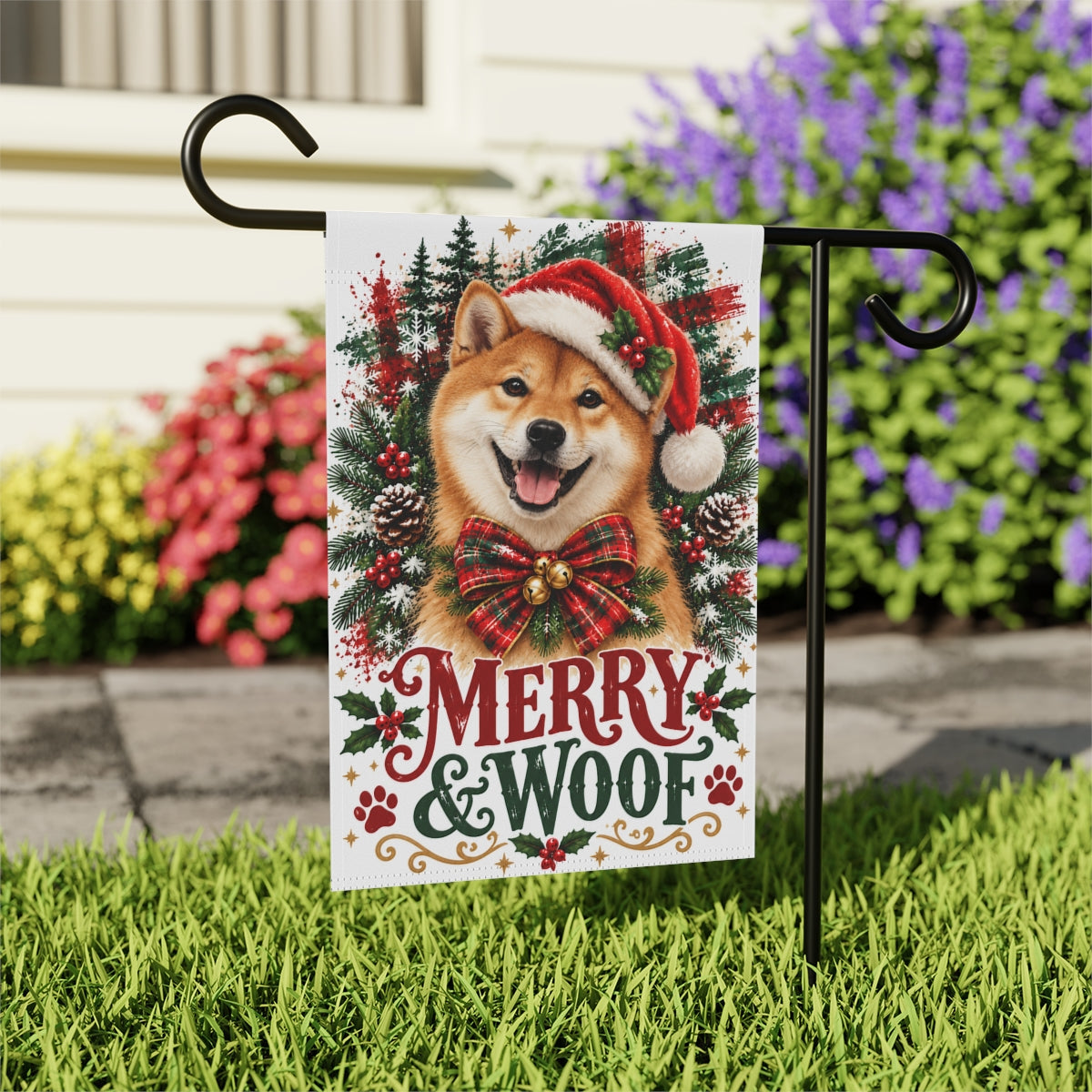 Red Shiba Inu Christmas Garden Flag, Merry & Woof Holiday Dog Yard Decor
