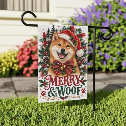 Red Shiba Inu Christmas Garden Flag, Merry & Woof Holiday Dog Yard Decor