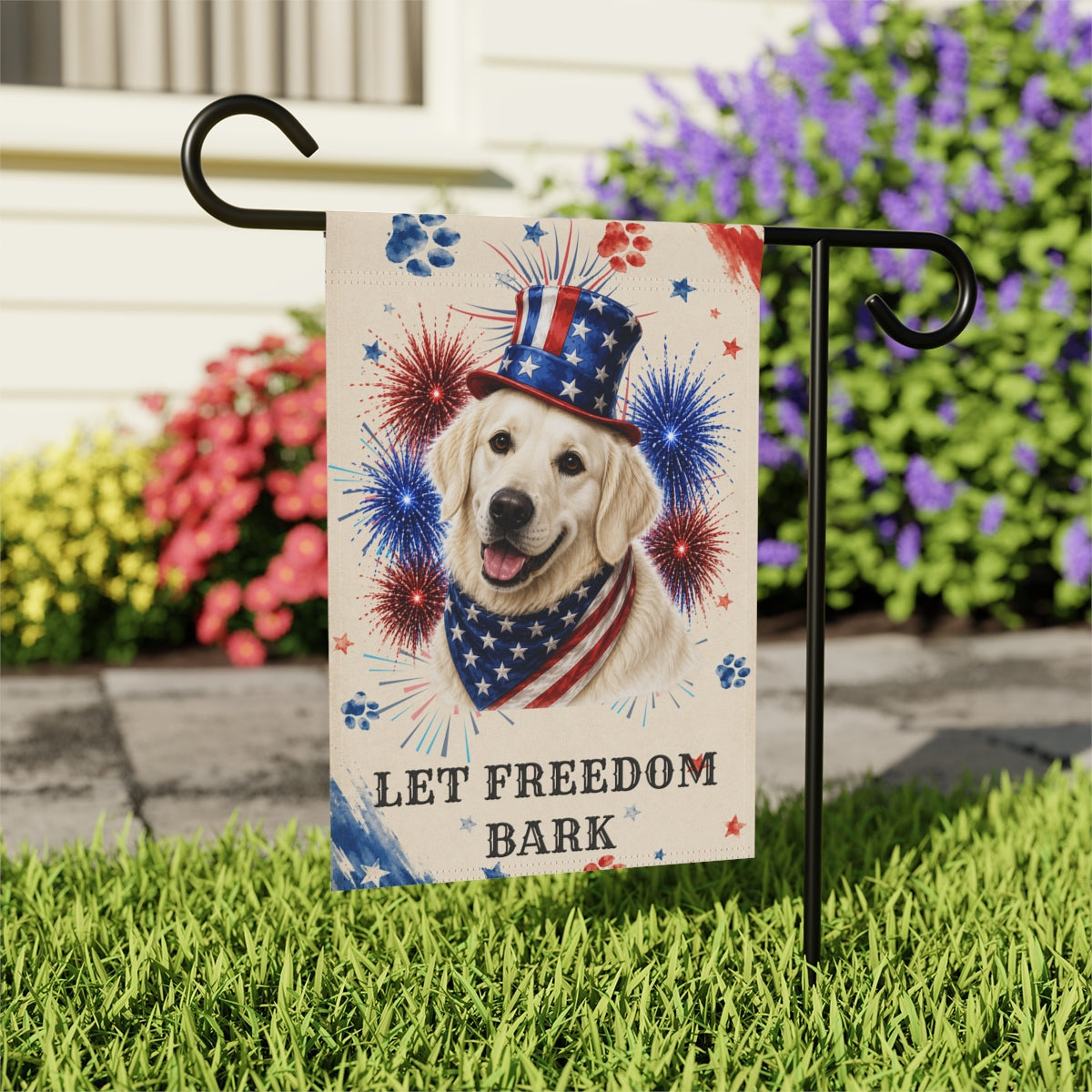 Patriotic English Cream Golden Retriever Garden Flag, Let Freedom Bark