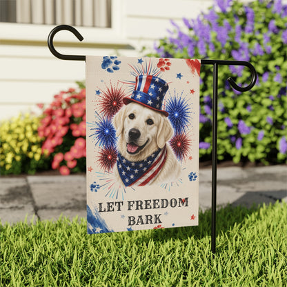 Patriotic English Cream Golden Retriever Garden Flag, Let Freedom Bark