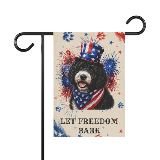 Patriotic Black Portuguese Water Dog Garden Flag, Let Freedom Bark