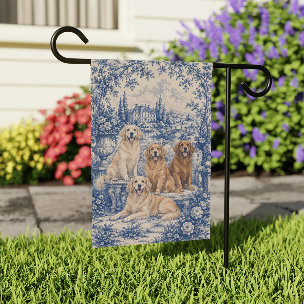 Golden Retriever Garden Flag, Blue Toile Dog Yard Decor, Golden Mom Gift, Garden Banner