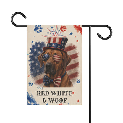 Patriotic Rhodesian Ridgeback Garden Flag, Red White and Woof