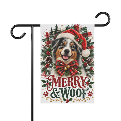 Australian Shepherd Christmas Garden Flag, Merry & Woof Holiday Dog Yard Decor