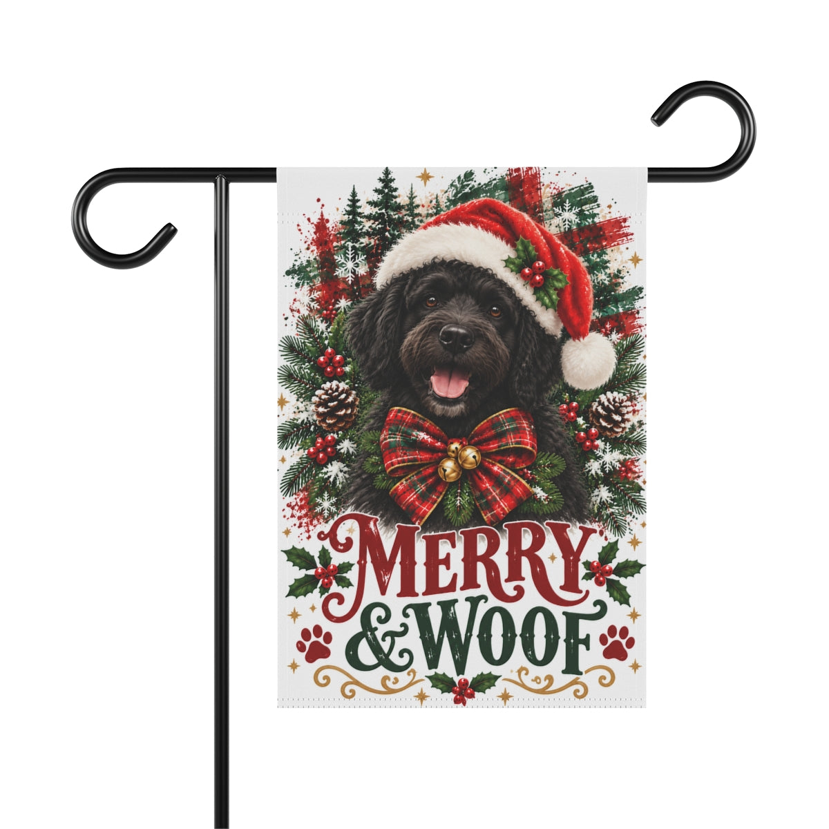 Black Portuguese Water Dog Christmas Garden Flag, Merry & Woof Holiday Yard Decor