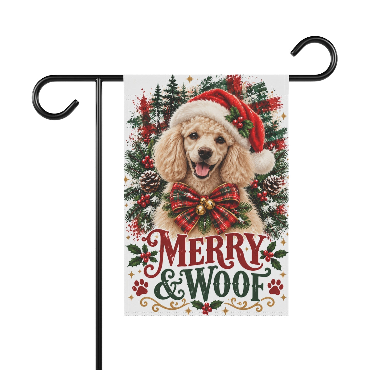 Poodle Christmas Garden Flag, Merry & Woof Holiday Dog Yard Decor