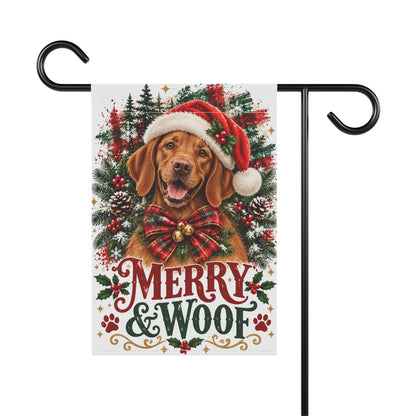 Vizsla Christmas Garden Flag, Merry & Woof Holiday Dog Yard Decor