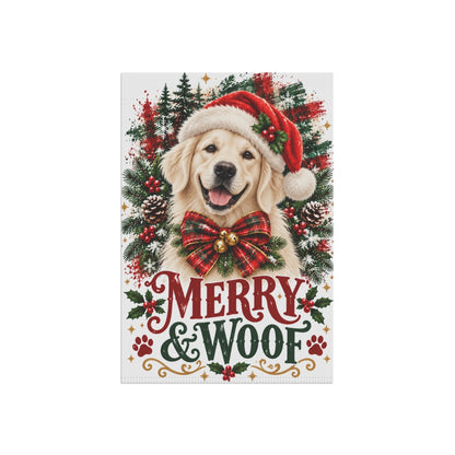 English Cream Golden Retriever Christmas Garden Flag, Merry & Woof Holiday Yard Decor