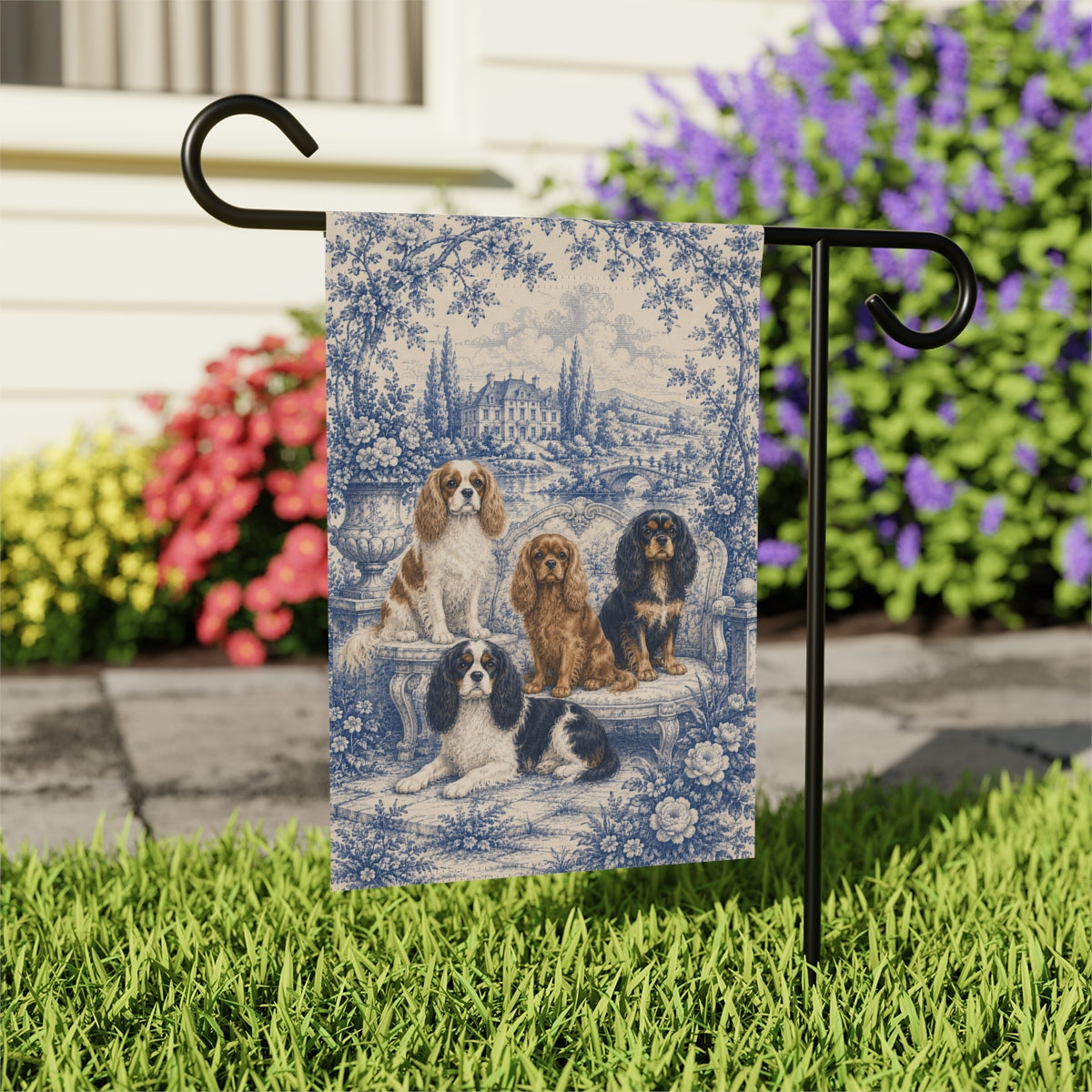 Cavalier Garden Flag, King Charles Spaniel Yard Decor, French Blue Toile Dog Gift
