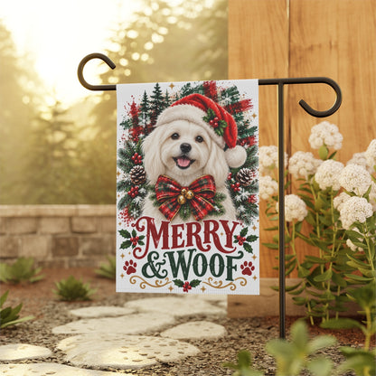 Maltese Christmas Garden Flag, Merry & Woof Holiday Dog Yard Decor