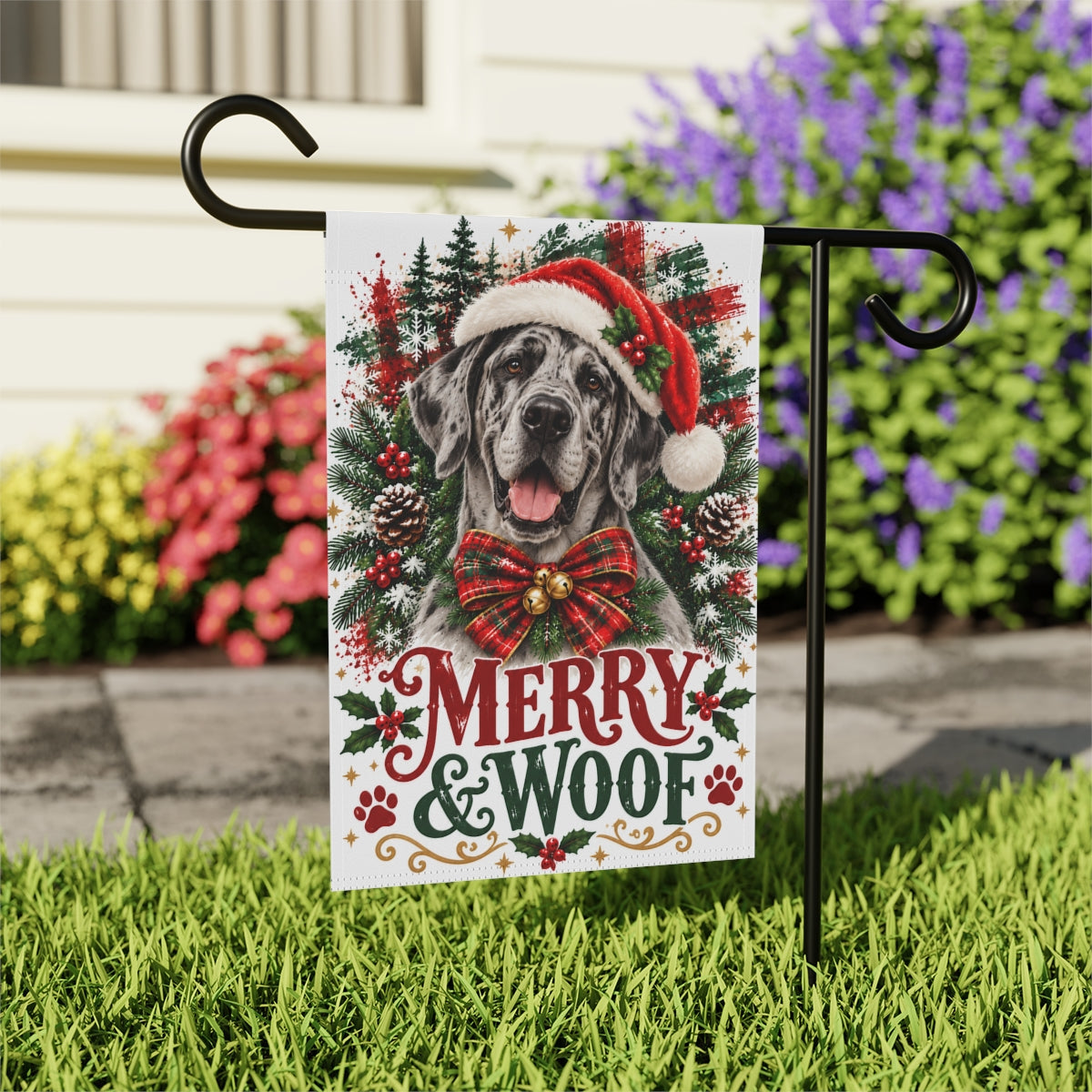 Merle Great Dane Christmas Garden Flag, Merry & Woof Holiday Yard Decor