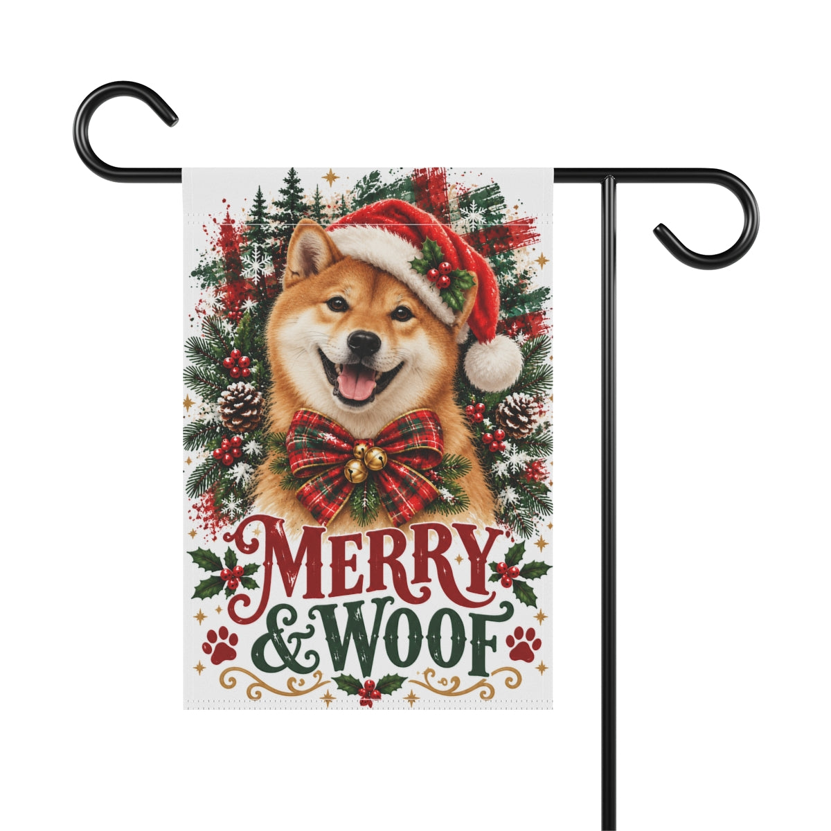 Red Shiba Inu Christmas Garden Flag, Merry & Woof Holiday Dog Yard Decor
