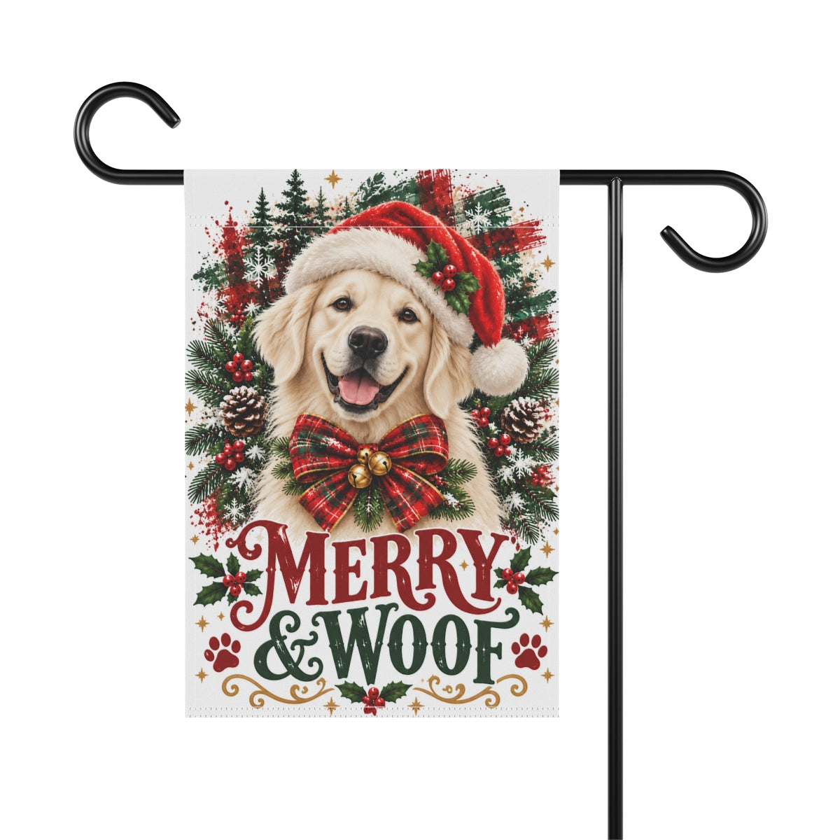English Cream Golden Retriever Christmas Garden Flag, Merry & Woof Holiday Yard Decor