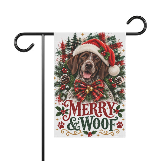 German Shorthaired Pointer Christmas Garden Flag, Merry & Woof Holiday Yard Decor