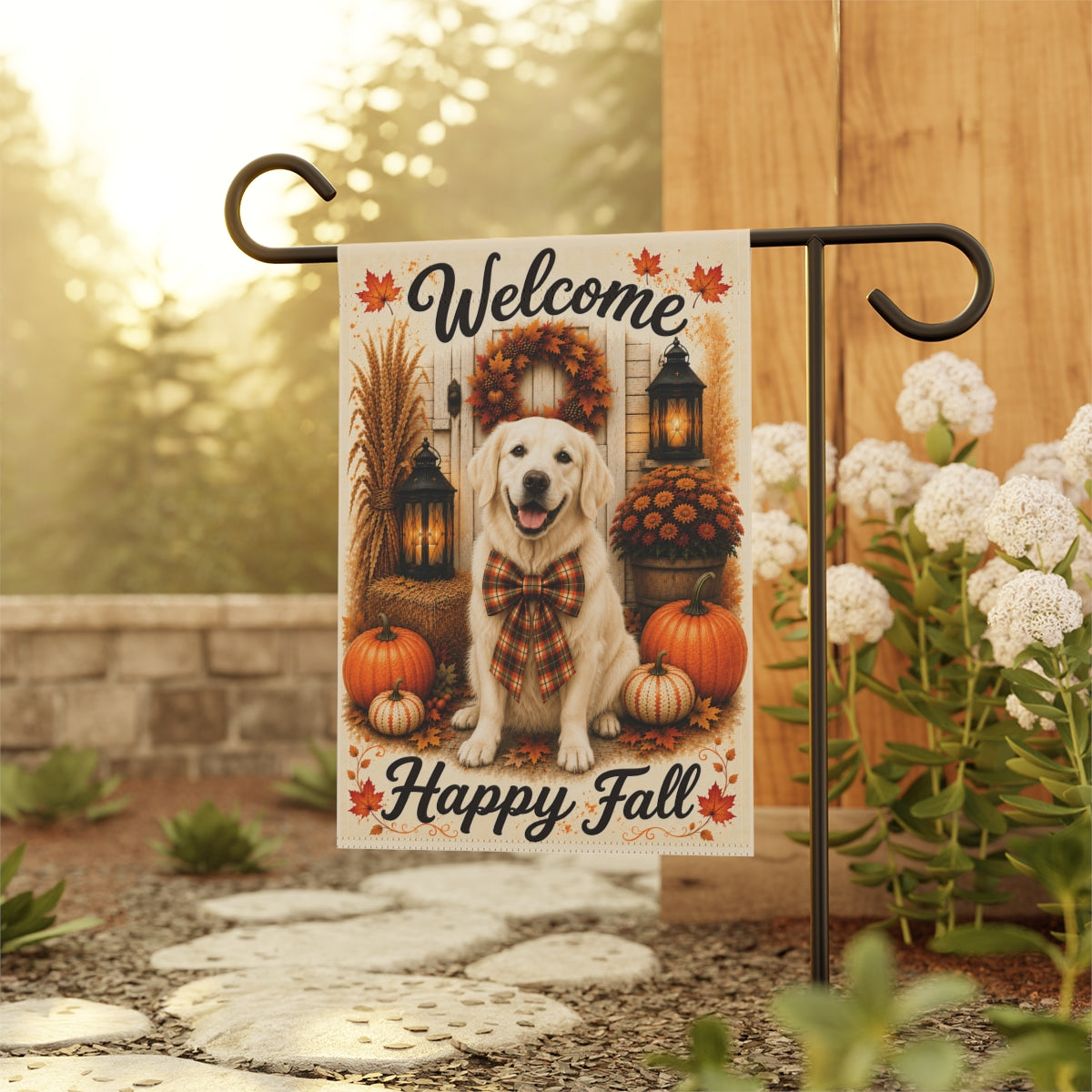English Cream Golden Retriever Welcome Fall Garden Flag, Autumn Dog Porch Decor, Golden Gift