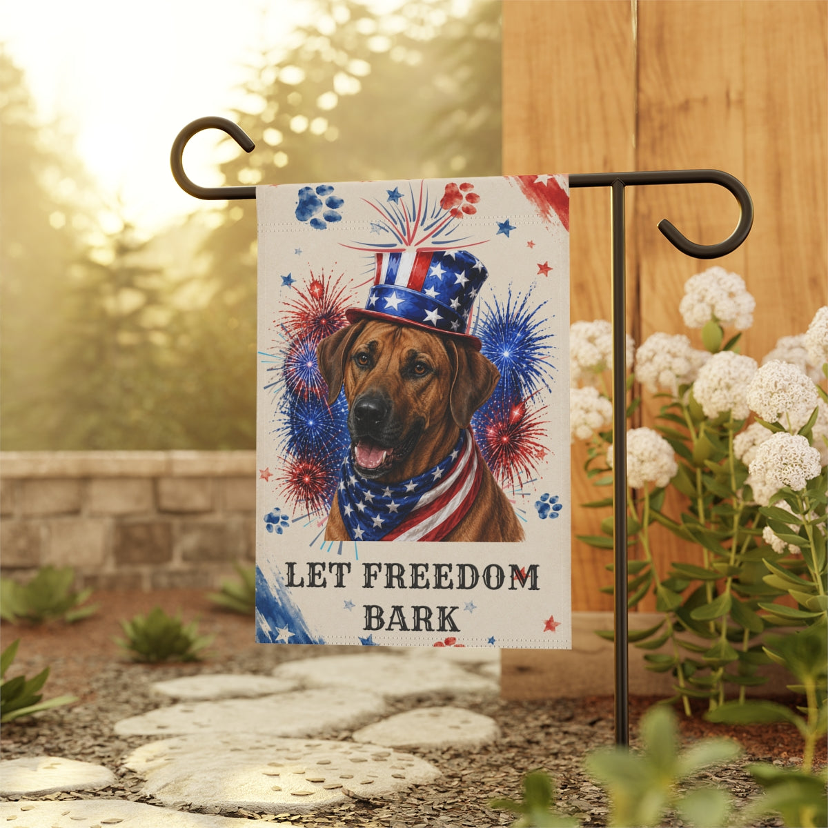 Patriotic Rhodesian Ridgeback Garden Flag, Let Freedom Bark