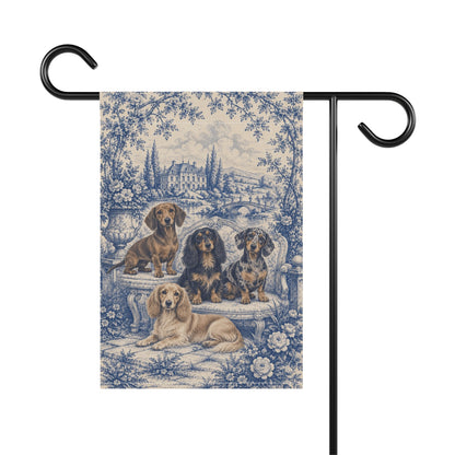 Dachshund Garden Flag, Blue Toile Doxie Yard Decor, Dachshund Mom Gift, Garden Banner